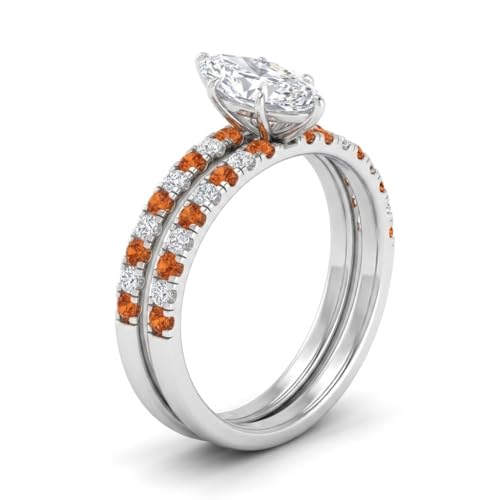 Image of Choose Your Gemstone Three Quarter Diamond CZ Gallery Bridal Ring Set 925 Sterling Silver Marquise Shape Wedding Ring Sets for WomenUS Size 4 to 12