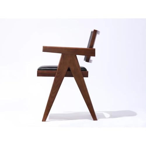 Image of Solid Wood Arm Chair with Cushion and Cane Back Support Chair Living Room Bedroom Home Wooden Armchair Furniture Garden Balcony Outdoor & Indoor (Walnut Chair with Black Leather 2)