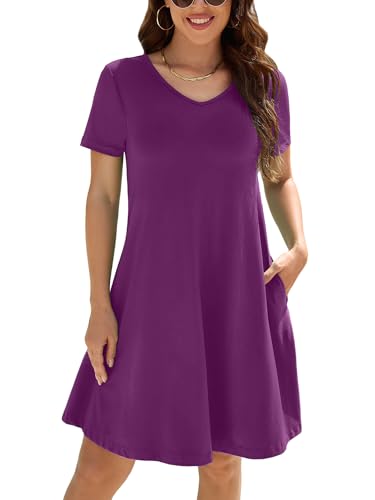 Image of KORSIS Dresses for Women Casual T-Shirt Summer Short Sleeve Loose Comfy Dress Swing Flowy Beach Vacation Sundress with Pocket
