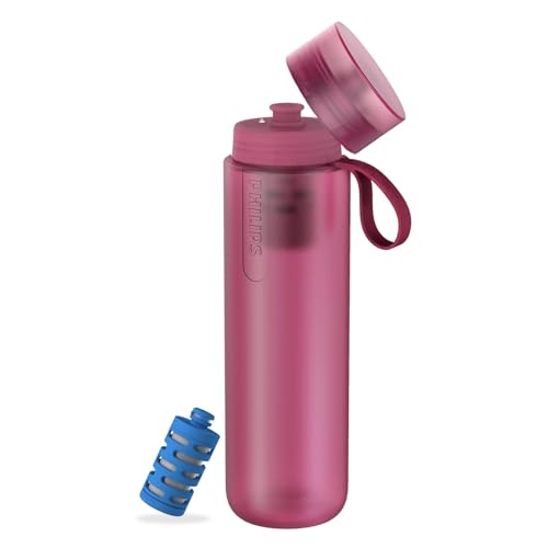 PHILIPS Filtered Water Bottle, GoZero Active BPA-Free Water Bottle with Fitness Tap Water Filter, Sport Squeeze Water Bottle, Lightweight, 32 oz with Fitness Filter, Plum