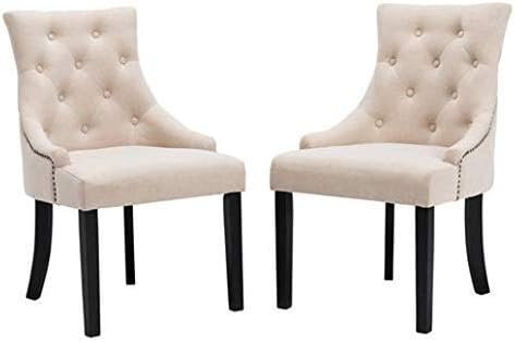 Mecor Fabric Dining Chairs Set of 2,Leisure Padded Chair with Armrest,Black Solid Wooden Legs (Beige)