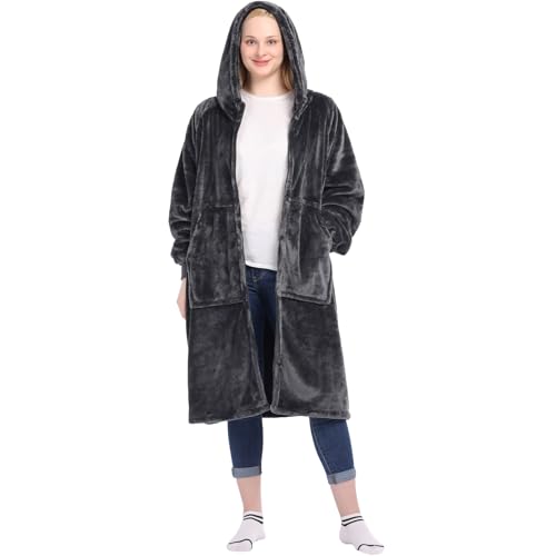 Waitu Wearable Blanket Hoodie with Zipper Gifts for Women Men Warm and Cozy Oversized Hoodie Blanket Birthday Gifts for Women Mom Thick Flannel Blanket with Giant Pocket - Dark Gray