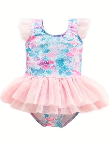 Image of Generic Enchanting Mermaid Fantasy: Girls' Stretchable Swimwear with Ruffle Accents, Plus Matching Headband & Hat Set