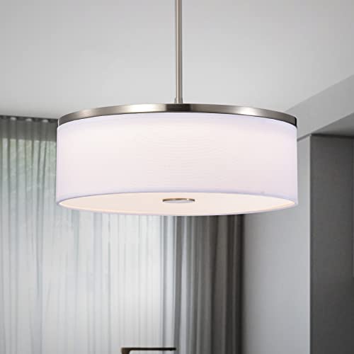 Pendant Light, Brushed Nickel Drum Linen Fabric Shade, 14 inch 25watts LED 1200lumens 3000K 3500K 4000K Switchable 90CRI Dimmable, 72 inch Hanging Cable, Pendant Chandelier for Kitchen Island