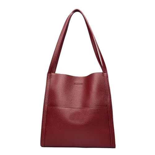 YODAOLI Solid Color Simple Genuine Leather Shoulder Bag, Large Capacity Waterproof Tote Bag, Large Leather Tote Bag for Women (Red)