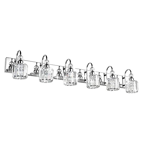 Image of Ralbay 6-Lights Stainless Steel Crystal Bathroom Vanity Lights Over Long Mirror Modern Crystal Vanity Lighting Fixtures for Bathroom
