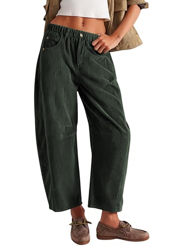 Lviefent Womens Mid Rise Cord Barrel Jeans Casual Baggy Wide Leg Corduroy Cropped Ankle Pants with Pockets (DarkGreen-M)