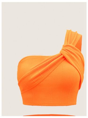 Soly Hux Bathing Suit For Women One Shoulder Ruched High Waisted Bikini Sets Two Piece Swimsuit Solid Orange Large thumb #2