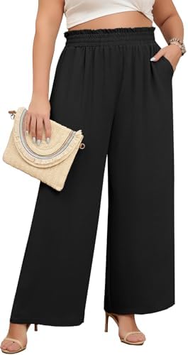 Lastshe Womens Plus Size Wide Leg Pants with Pockets High Waisted Drawstring Loose Trousers Office Work Pants with Pockets,Black,3X