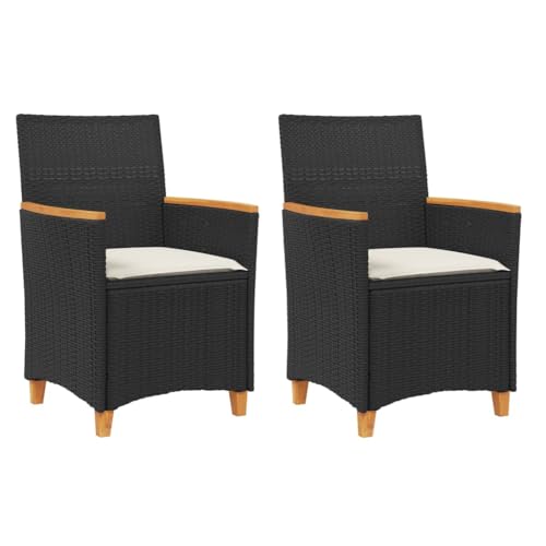 vidaXL Garden Chairs with Cushions Pack of 2 Black Poly Rattan Solid Wood