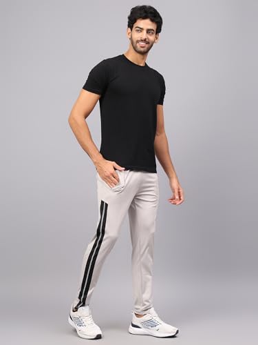 Image of Men 4 Way Lycra Bottom Contrast Striped Gym, Yoga & Sports Wear Stretchable Dri Fit Track Pant with Zipper Pockets Light Grey Medium