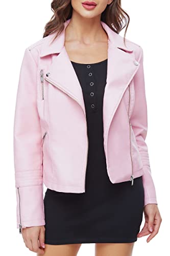 Fahsyee Women's Pink Leather Jackets, Faux Motorcycle Bomber Moto Biker Plus Size Coat Short Lightweight Vegan Pleather Fashion M