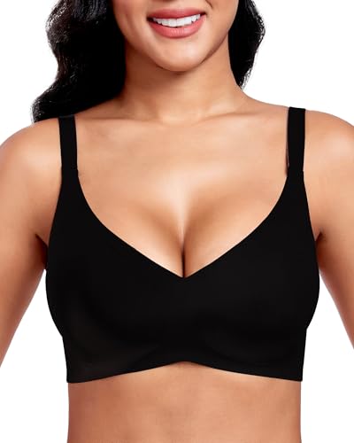 Vinfact Nahtloser BH Damen Ohne Bügel Push up BH Damen Große Brüste Starker Halt V-Ausschnitt Bügelloser BH Seamless Bequem BH T Shirt Schlaf BH Gepolstert Bralette (BK,XL)