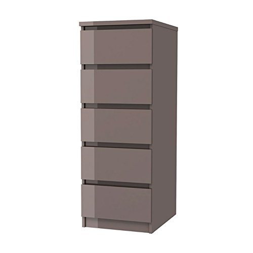Home Source High Gloss Chest of 5 Drawers Mocha Dark Wood Integrated Handle Metal Runners (5 Drawer Narrow Chest)