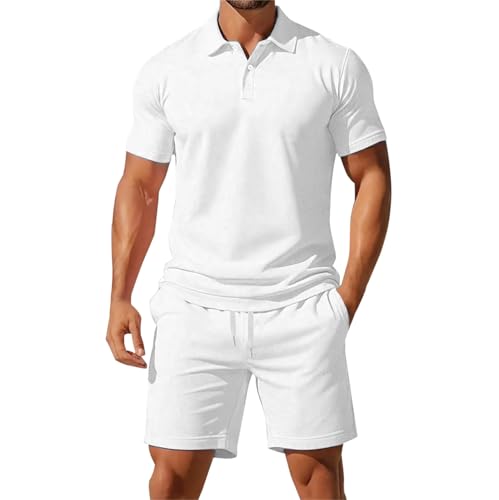 Image of kuiazelit Men's Shorts and T Shirt Sets Summer 2 Piece Co Ord Outfits Lightweight Short Sleeve Polo Shirt and Drawstring Pockets Shorts Casual Tracksuit (UK, Alpha, XL, Regular, Regular, White)