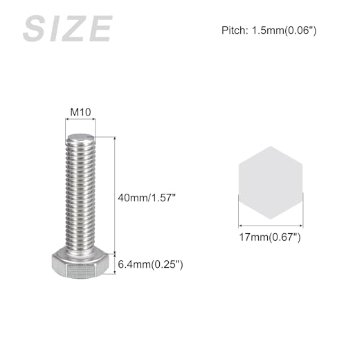Image of METALLIXITY Hex Bolts (M10-1.5x40mm) 5Pcs, 304 Stainless Steel Coarse Fully Threaded Hex Head Screw Bolt Machine Screws - for Furniture Repair, Silver