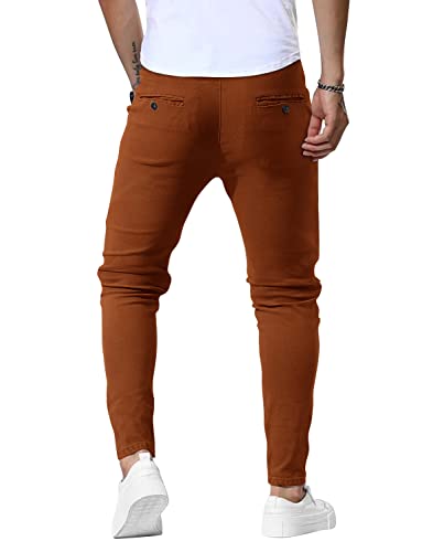 Woenzaia Brown Mens Skinny Pants Stretch Flat Front Expandable Waist Slim Fit Casual Chino Pants Solid Color #TOP3