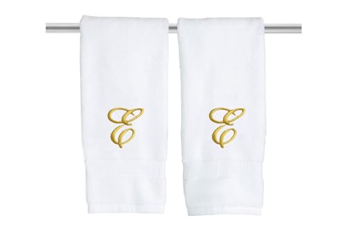 Decorvo White Monogrammed Hand Towels for Bathroom - Luxury Hotel Quality Personalized Initial Embroidered Towel for Powder Room, Spa - GOTS Organic Certified - Set of 2 Gold Letter E