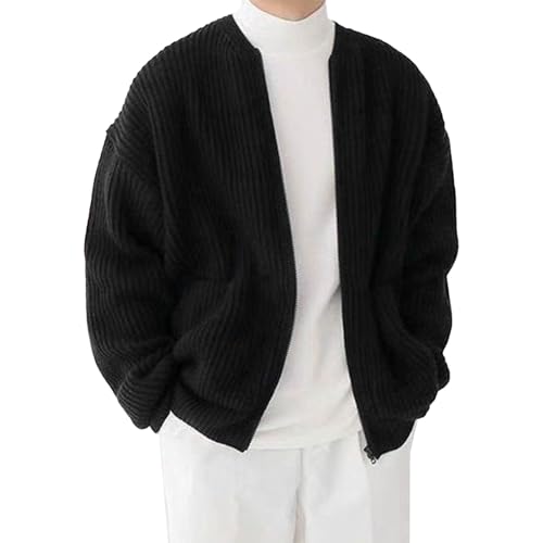 Men's Knit Full Zip Up Casual Sweater Solid Regular Fall Winter Sweaters Loose Fit Cardigan Classic Sweater (Black,Large)