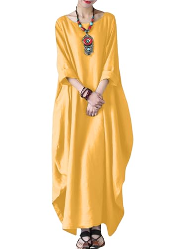 Image of Celmia Autumn Solid Loose Long Maxi Dress Cotton Caftan