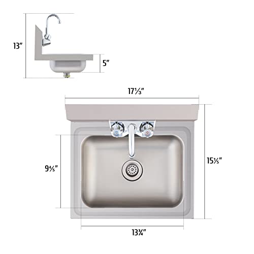 Image of WILPREP Hand Sink Commercial Stainless Steel Sink for Washing, NSF Utility Sink with Gooseneck Faucet, Wall Mount Kitchen Sink for Restaurant Bar RV Bathroom Laundry Room (17 x 15 Inches)