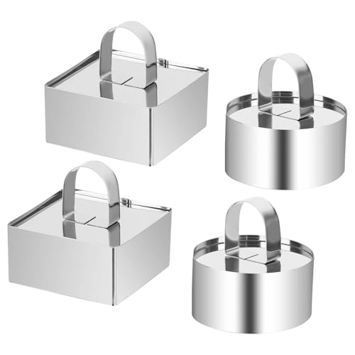 XCRPRT Cercles de Présentation, 4 Pcs 8 cm Acier Inoxydable Emporte Piece Patisserie, Emporte Piece Rond avec Poussoir pour Gâteau Mousse Dessert (Rond et Carré)
