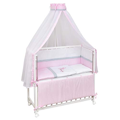Baby Delux Beistellbett Babybett Stubenwagen weiß 90x40 mobil mit Rädern inkl. Matratze Bettwäsche Set (Princess)