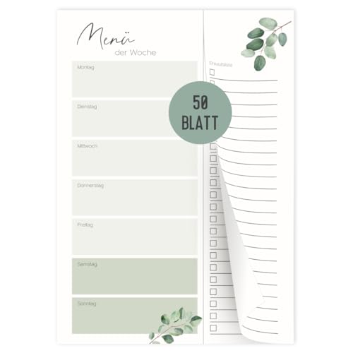 Menüplaner mit Einkaufsliste zum Abtrennen | Essensplaner 50 Blatt | Notizblock für Mahlzeiten | Speiseplan für Familie, Freunde, WG, Diät| DIN-A5 Block (Eucalyptus)
