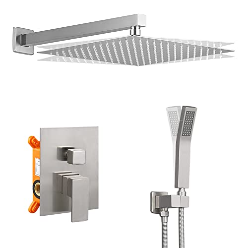 Jcrob Shower Faucets Sets Complete (10 Inch Brushed Nickel), Rain Shower Head with Handheld Shower, High-Pressure Square Shower System for Bathroom, Dual Shower Combo Set with Pressure Balance Valve