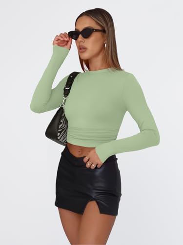 Trendy Queen Womens Long Sleeve T Shirts Fall Fashion 2026 Basic Crop Tops Going Out Workout Outfits Y2k Clothes Light Green L - Thumbnail 3