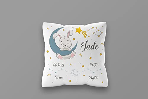 Coussin Naissance Personnalisé, idée cadeau personnalisable bébé, housse oreiller déco, Coussin Lapin Lune - CL0010b Cover