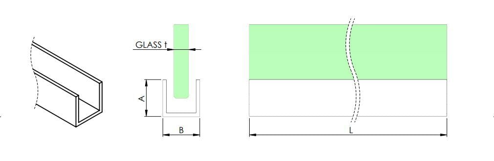 Profil aluminiowy do kabiny prysznicowej/profil U 20 x 12 x 2 mm na szkło 8 mm. Długość: 2000 mm