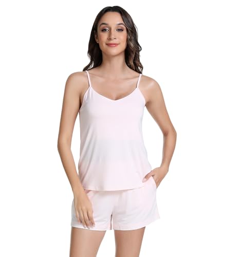 Image of NACHILA Women's Pajamas Set-Viscose Made from Bamboo, Cami Top Pajama Set Sleeveless Tops with Shorts Pjs Sets Cool Sleepwear