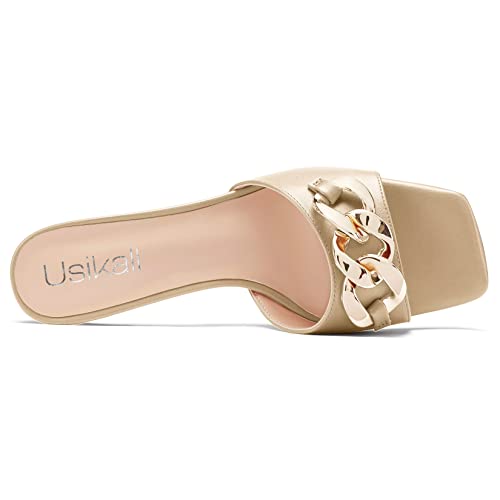 Usikall Women Chunky Block Mid Heel Square Toe Mules Shoes Slip-On Metal Chain Prom Basic Classic 2.6 Inches Heels Beige 8 M Us #TOP4