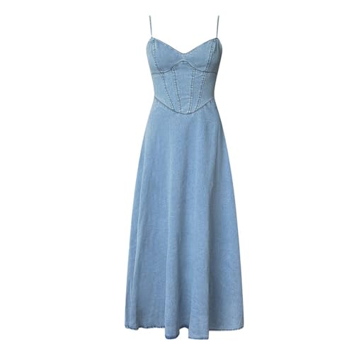Women's V Neck Sexy Sleeveless Cami Denim Long Dress, A-Line Flowy Jean Summer Beach Midi Dresses