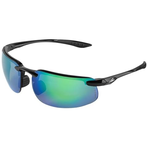 Bullhead Safety Bowfin Polarized Safety Glasses with Performance Fog Technology, Blue Light Glasses with UV Light Protection and Anti-Scratch Coating, Green Mirror Lenses, Shiny Black Frame Cover