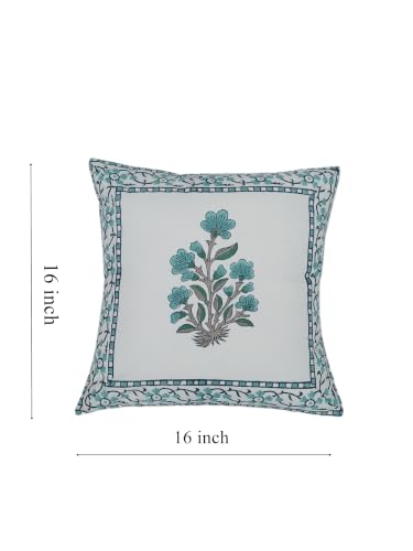 Image of Cotton Cushion Covers 16x16 Inch - Hand Block Floral Print Pillow Covers for Sofa, Couch & Bedroom (Pack of 5) (Green White)