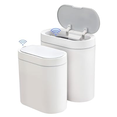 ELPHECO 2 Pack Bathroom Motion Sensor Trash can 2.5 Gallon + 2 Gallon Automatic Garbage Can Bathroom Decor, Slim Plastic Smart Trash Bin with Lid, Garbage can for Kitchen, Office, White, 2 Pack