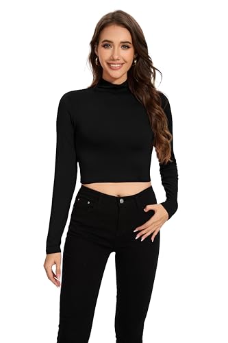 MadHeart Womens Long Sleeve Crop Tops Slim Fit Cropped Mock Neck Base Layer Shirts