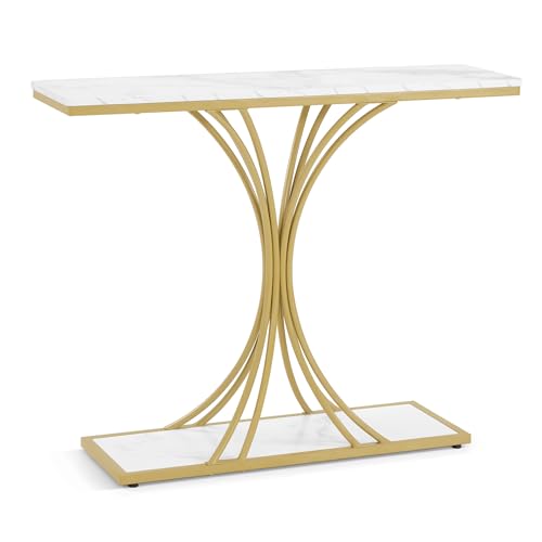 Barberpub Konsolentisch Schmal, Eingangstisch Holz Metallgestell, Flurtisch mit 2 Ebenen, Moderner Beistelltisch für Flur, Wohnzimmer, Vorzimmer, Eingang, Foyer, Marmor-Weiß Gold, 30x100x80,5cm, 2226