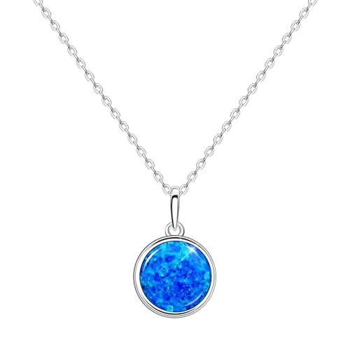 KristLand Moonlight Kette Damen Erstellt Weißer Opal Anhänger aus Sterlingsilber mit Anhänger kreisförmig Kreis Form Geschenk für Frauen/Mädchen/Hochzeiten/Party 16MM Blau Opal