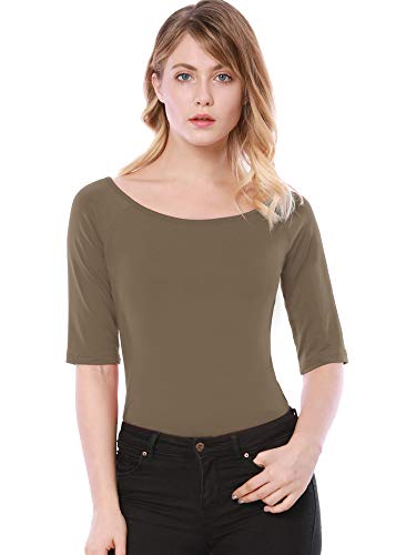 T-shirt manches mi-longues femme col rond Allegra K vert kaki taille L doux
