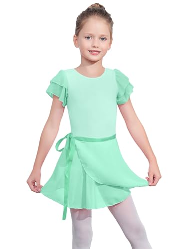 Image of EQSJIU Ballet Leotards for Girls with Removable Skirt Combo Tie Ruffle Sleeve Outfit