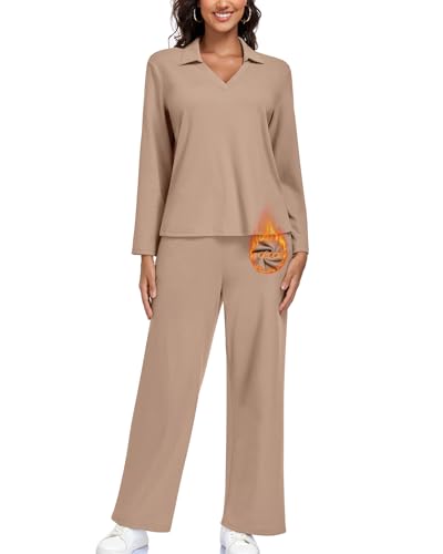 LEYSHE Traje de casa térmico para mujer, con cuello en V, cálido, de dos piezas, para el tiempo libre, juego de ropa de salón, elegante, caqui, M