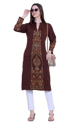 Image of Rosary Women's Winter Woolen Kurti Jacquard Straight Fit Ethnic Wear with 2 Side Pockets
