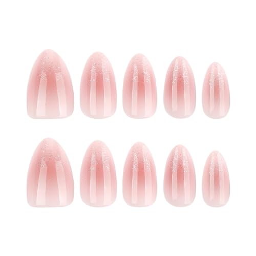 Image of Press on Nails Almond Nude Pink Gradient Fake Nails Glitter French Tip Nail | Glossy False Nail with Design Medium Length Stick on Nail for Women Reusable Artificial Nails for Daily 24Pcs