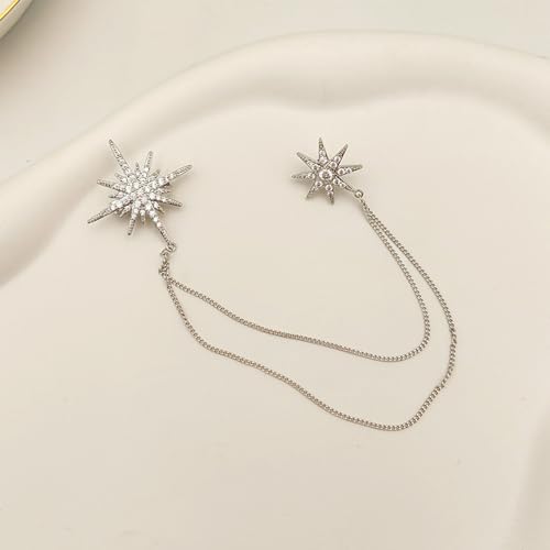 Image of Gold Crystal Star Chain Tassel Brooch Pin for Women Men,Glitter Rhinestone Lapel Pins Dress Suit Accessories,Silver Wedding Anniversary Fringe Brooch