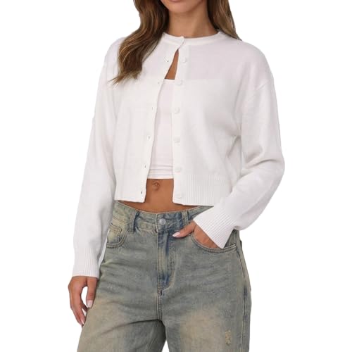 Image of Women Y2K Button Front Crop Sweater Cardigan Solid Color Crew Neck Long Sleeve Knit Fall Tops Streetwear