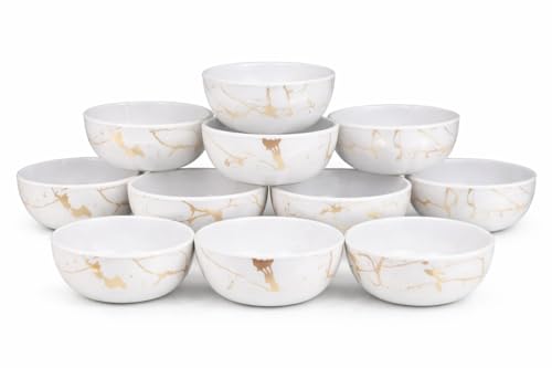 Image of Ariya 4.5 Inch Melamine Soup Bowls Set of 12 (350 ml) | White /Gold | Serving Bowls for Soup, Salad, Noodles, Pasta, Oatmeal | Durable & Stylish Dinnerware for Daily & Special Use
