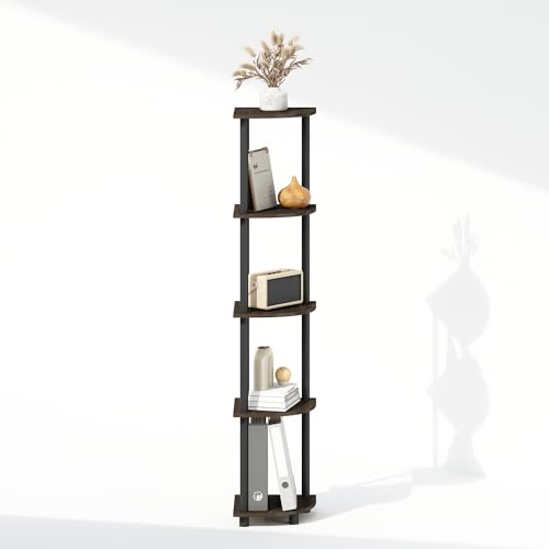 Image of Furinno Turn-N-Tube Storage Shelves, 5-Tier Book Shelf, Corner Shelf, Toolless Open Shelves, for Organization and Storage, Living Room, Home Office, Hallway, Bedroom, Dark Brown Grain